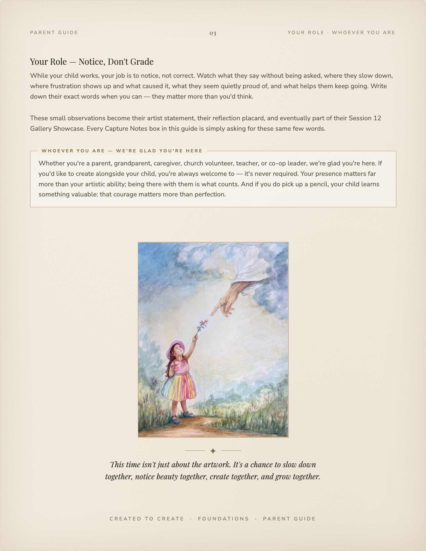 Parent Guide opening page within the Session Guide titled 'Your Role — Notice, Don't Grade,' describing how a trusted adult supports a child during each session