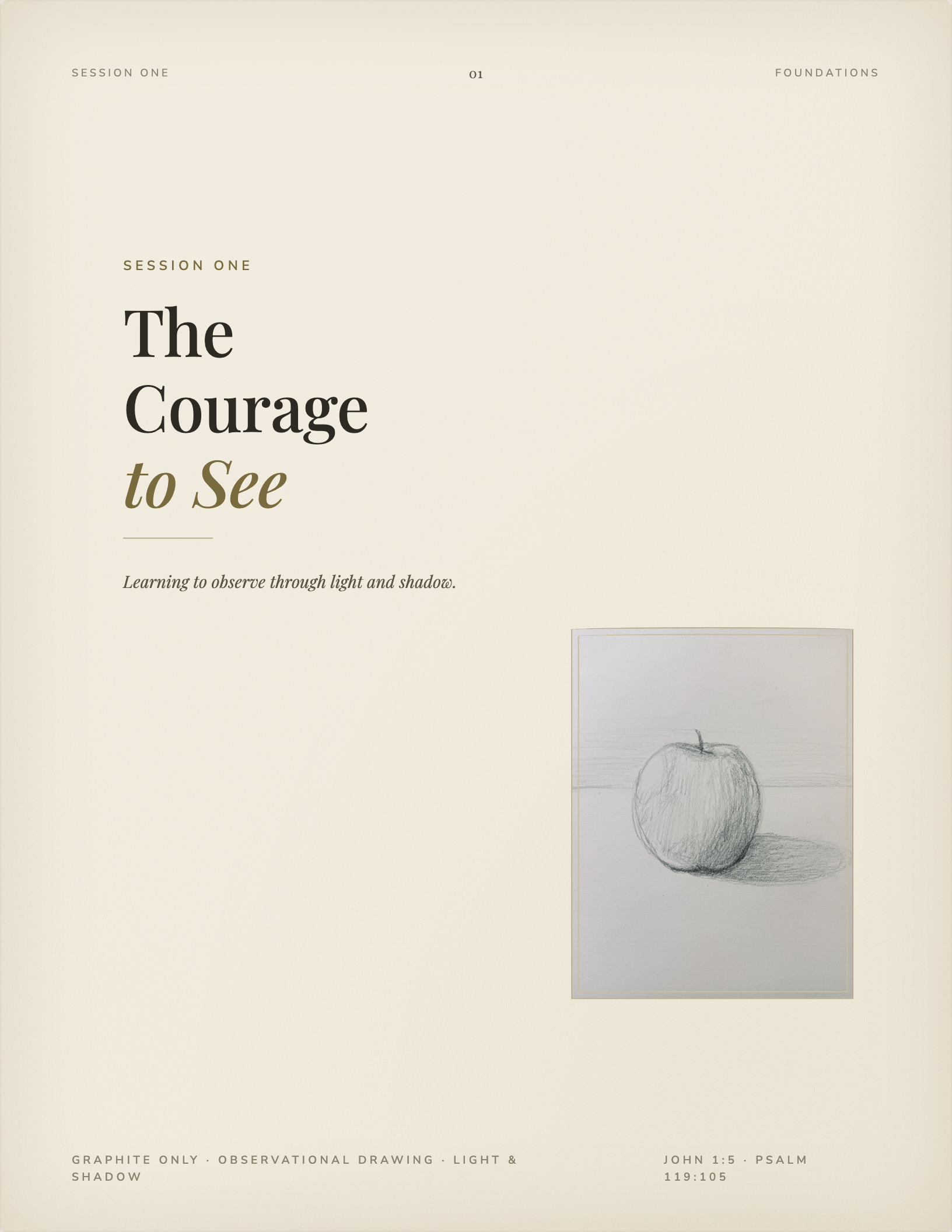 Session One: The Courage to See — Teacher Guide cover, an observational graphite drawing lesson on light and shadow