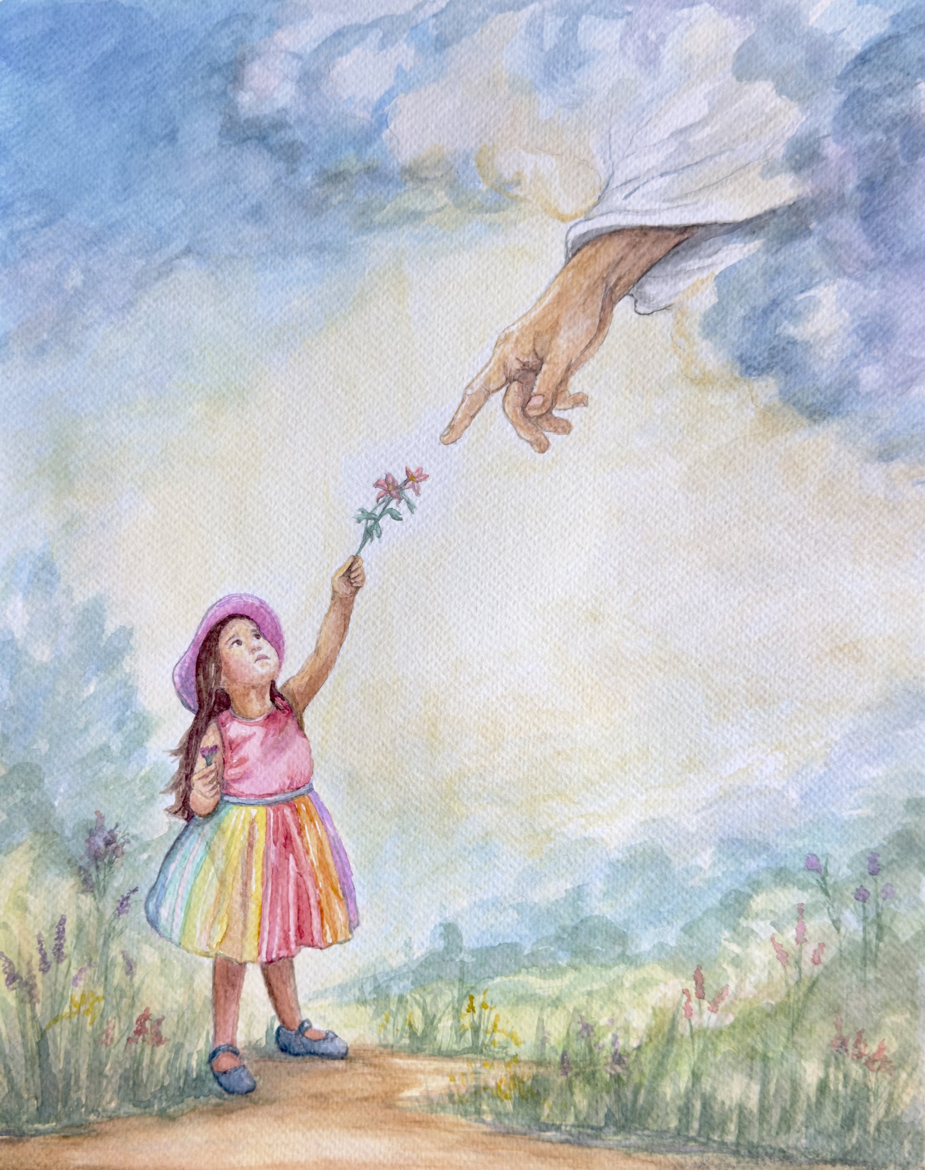 Watercolor painting of a young girl offering flowers toward a hand reaching from the clouds